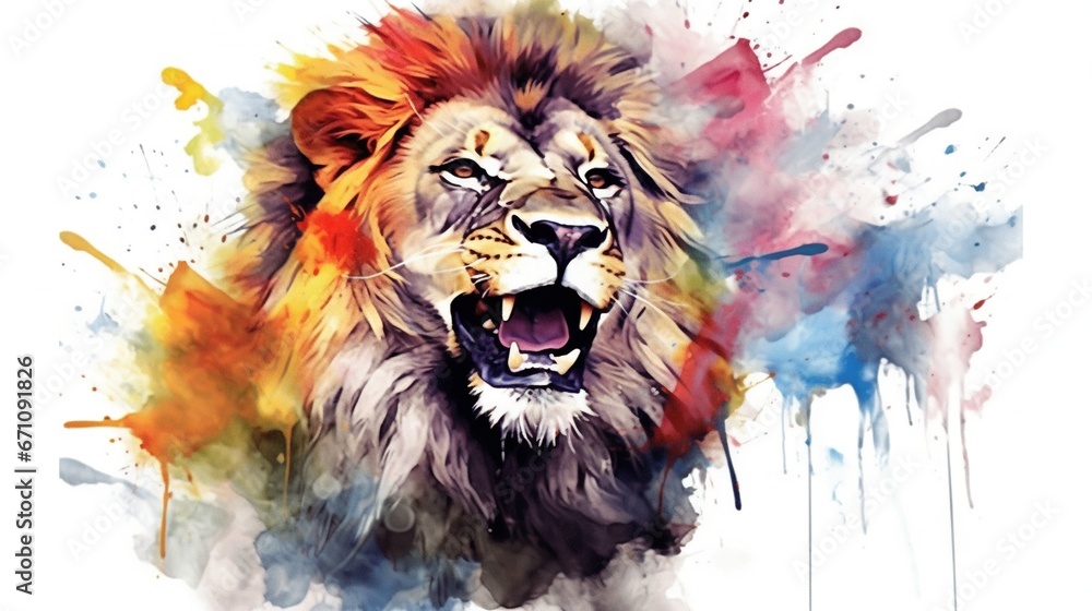  a watercolor painting of a lion with its mouth open.  generative ai