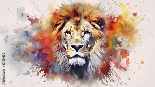  a painting of a lion's face with colorful paint splatters. generative ai