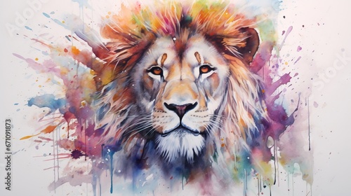  a painting of a lion's face with colorful paint splatters. generative ai