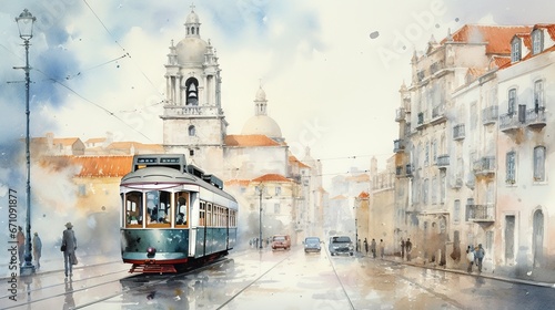  a painting of a trolley on a city street with buildings. generative ai