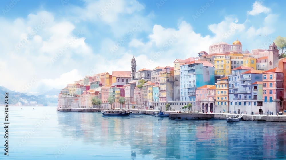  a painting of a city by the water with boats in the water.  generative ai
