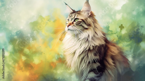  a painting of a long haired cat with a green background.  generative ai photo