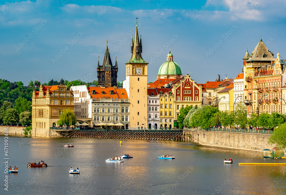 Prague cityscape with Charles bridge over Vltava river, Czech Republic