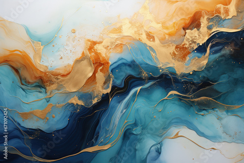 Abstract blue wave with gold lines watercolor texture painting, Generative Ai © sukumarbd4