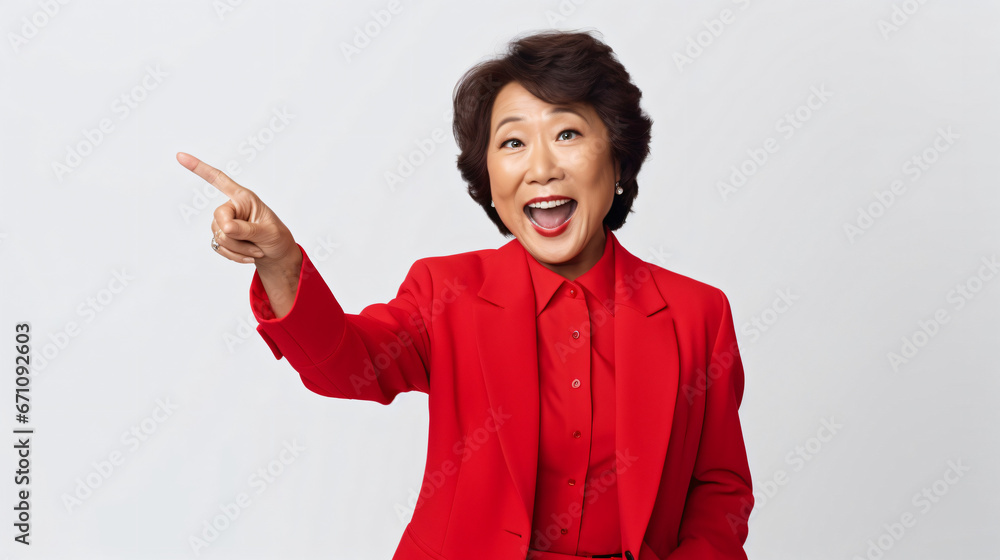 Surprised senior asian lady pointing upper left corner, checking out promo offer and smiling amazed, standing in red blazer over white background - obrazy, fototapety, plakaty 