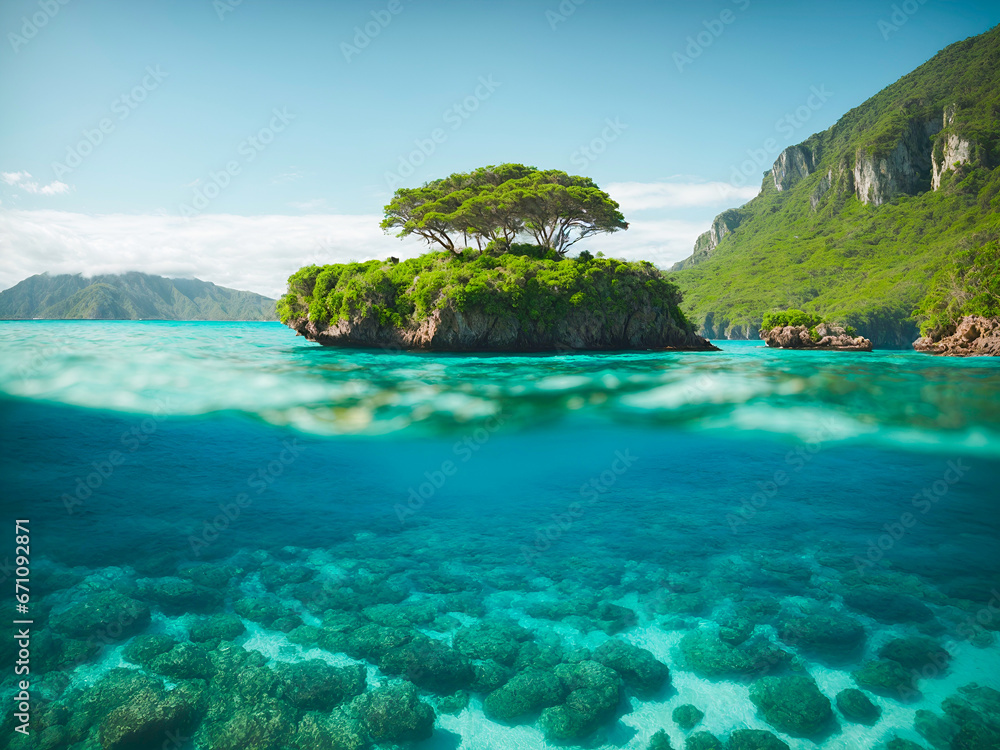 A floating island with lush greenery above turquoise waters