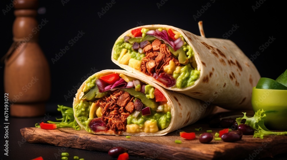  two burritos with meat and vegetables on a cutting board.  generative ai