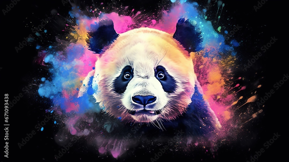 a panda bear with blue eyes and colorful paint splatters. generative ai a panda bear with blue eyes and colorful paint splatters. generative ai