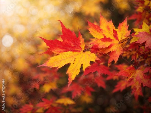 Red and yellow maple leaves with soft focus light