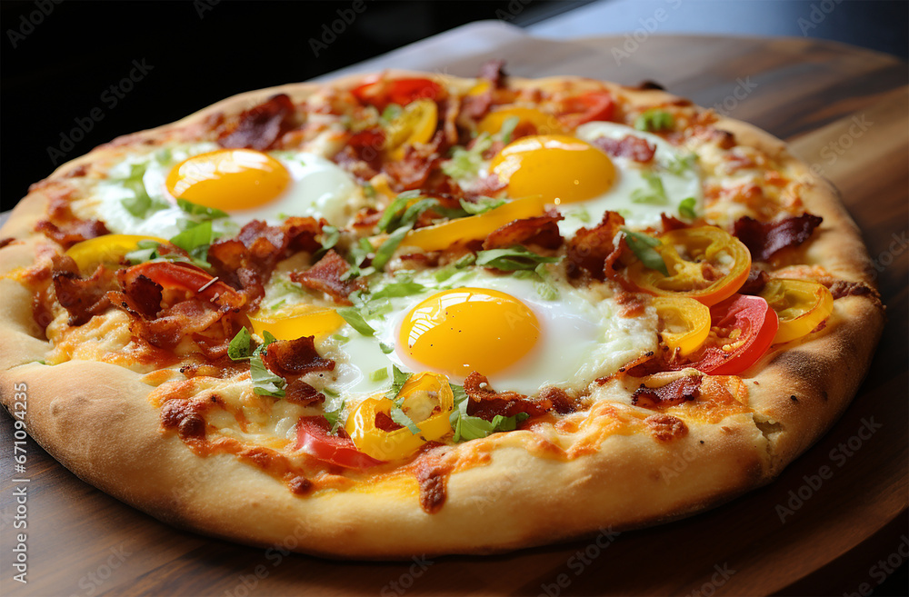 Breakfast Pizza topped with eggs, bacon, sausage, cheese, bell peppers, and some vegetables