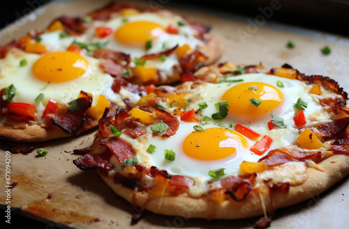 Breakfast Pizza topped with eggs, bacon, sausage, cheese, bell peppers, and some vegetables