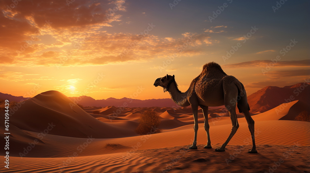 Lone camel stands of searing heat sandy desert watches at setting sun, camel symbolizes struggle against thirst, sweltering temperatures and unforgiving desert climate, endurance camel in desert Lone camel stands of searing heat sandy desert watches at setting sun, camel symbolizes struggle against thirst, sweltering temperatures and unforgiving desert climate, endurance camel in desert