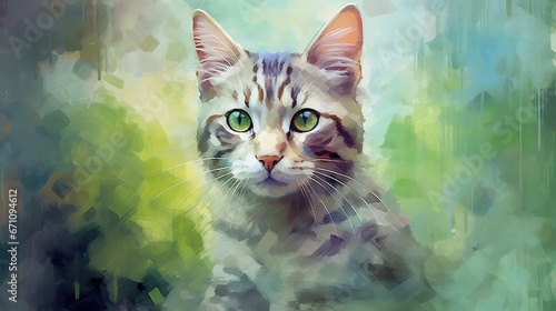  a painting of a cat with green eyes looking at the camera.  generative ai © Shanti