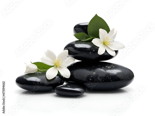 Black stones with white flowers on white background