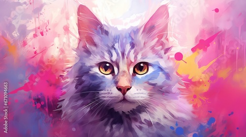  a painting of a cat with yellow eyes and a pink background.  generative ai © Shanti