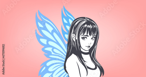 Vector beautiful young chic cute shy big-eyed kawaii fairy with blue wings on pink background. Graphic portrait of a lady.