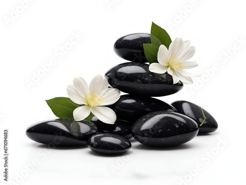 Black stones with white flowers on white background