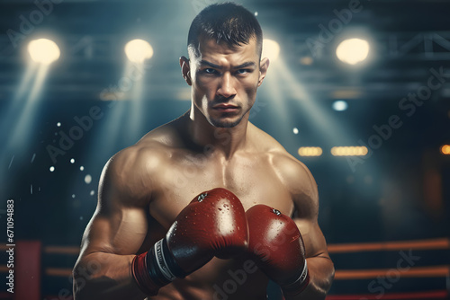 Strong boxer with red gloves on the ring © Nestor