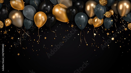  a black background with gold and silver balloons and confetti. generative ai