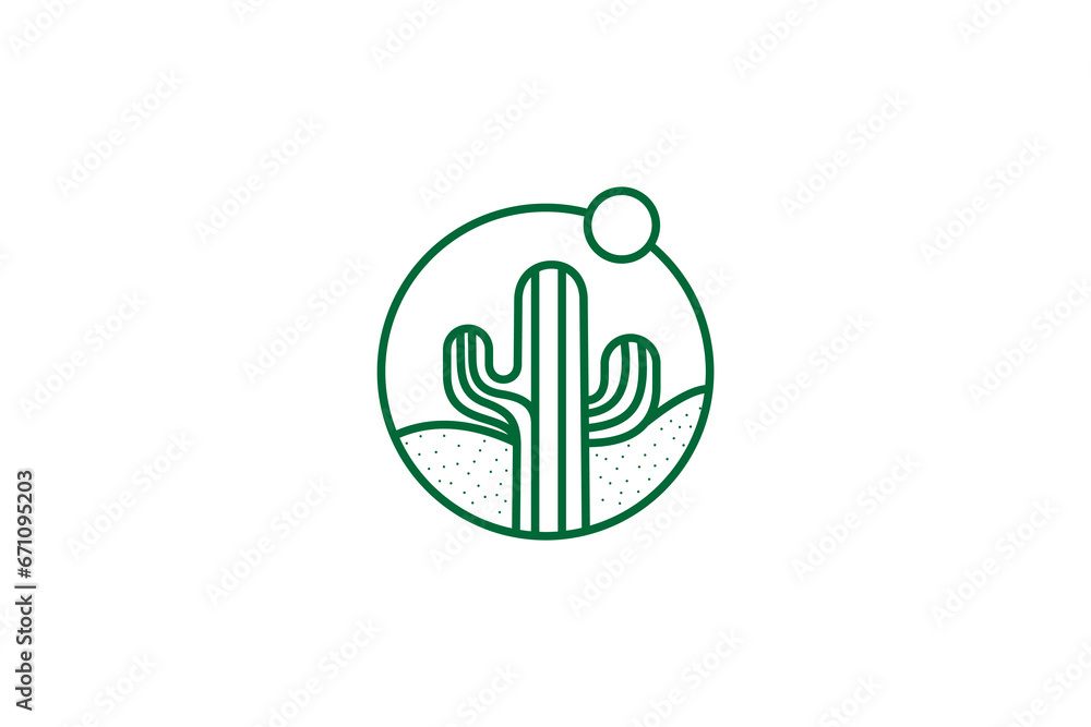 Desert cactus plant logo with circle frame in line art design style