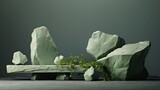  a bench with a plant growing out of it next to some rocks.  generative ai