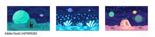 Space game. Vector illustration. The pixel art visuals capture essence classic videogames in space genre Exploring galaxy area in game unveils hidden cosmic secrets and mysteries The cosmic setting