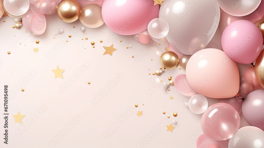  a bunch of balloons and stars on a pink background with a gold star.  generative ai