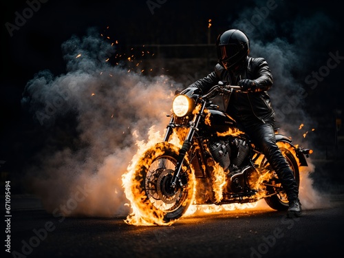 Motorcyclist in all black riding a motorcycle blazing with flames on a dark black background © Meeza