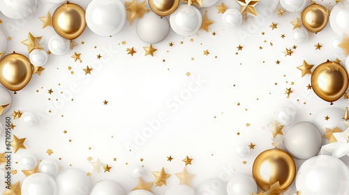  a white background with gold stars and white and white balloons. generative ai