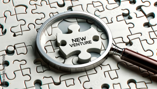 Magnifying glass focusing on a puzzle piece inscribed with NEW VENTURE. the new venture piece stands out, highlighting its significance in the grand scheme. photo