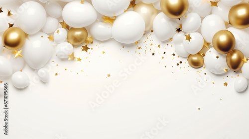  a bunch of white and gold balloons and stars on a white background. generative ai