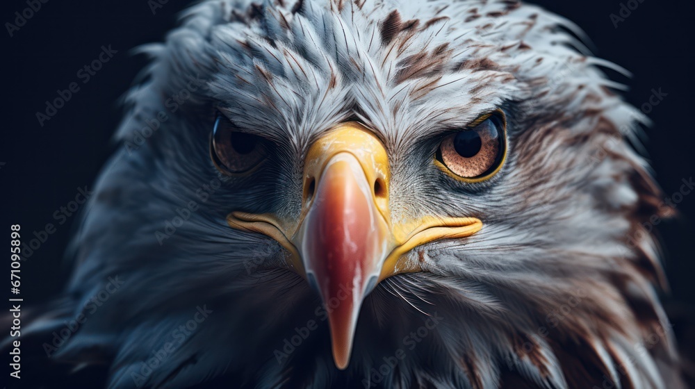 Fototapeta premium Close-up shot of a bald eagle with focus sharp eyes, engaged in the hunt while navigating the wild landscape.