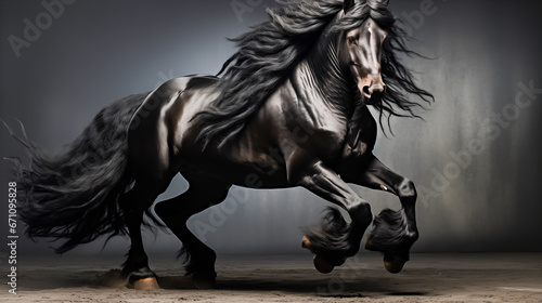 Black stallion, horse with long mane running in studio on grey background.  © korkut82