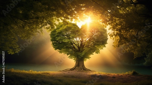 Tree cut into heart shape with morning sunlight, tree with heart shape, nature background, Valentine's Day