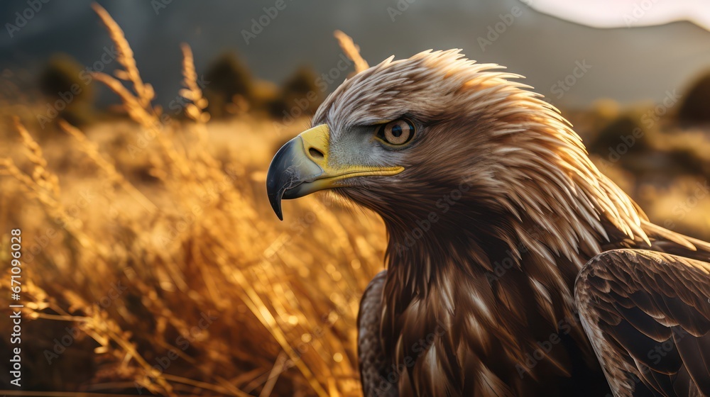 Fototapeta premium Close-up shot of a bald eagle with focus sharp eyes, engaged in the hunt while navigating the wild landscape.