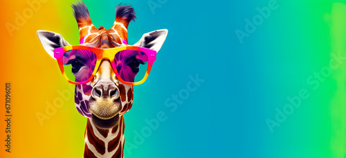 Fantasy giraffe wearing glasses with multicolored style.funny wildlife in surreal surrealism art.creativity. and inspiration background. photo