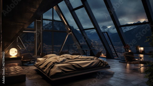 Bedroom of the future with a beautiful black rock design. Created with generative AI 
