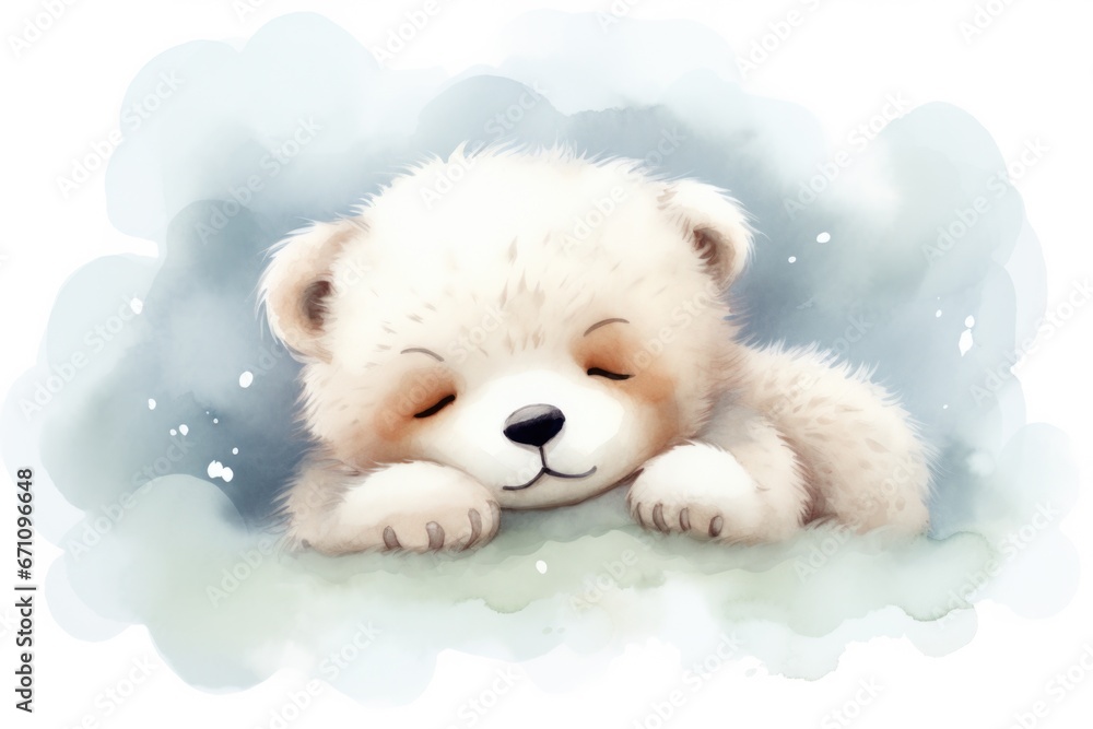Sleeping white bear cub nestled comfortably against soft blue background. Children's illustrations. Sleeping white bear cub nestled comfortably against soft blue background. Children's illustrations.