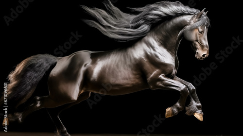 Black stallion, horse with long mane running in studio on grey background. © korkut82