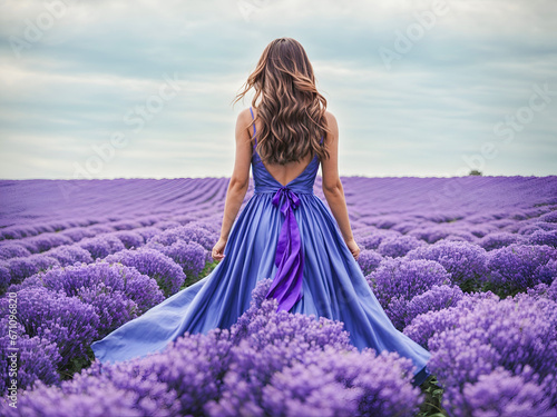 young woman in purple dress between purple flowers field