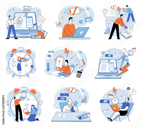 Working hard vector illustration. Finding effective strategies to manage workload and deadlines is essential for reducing stress and frustration Discrimination in workplace can hinder motivation