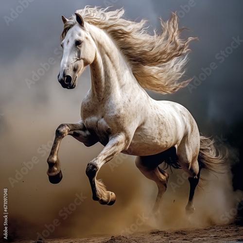 Beautiful white prancing horse. Beautiful white stallion with long mane galloping in dust.   