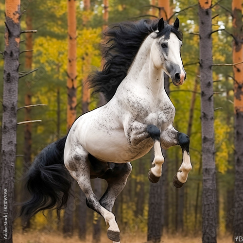 Beautiful white and black  prancing horse in the autumn forest. Side view. 