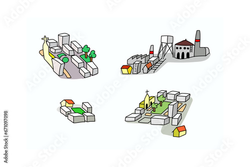 Hand drawn different little city scenes icons, symbols. Cityscape and industrial, factory. Colorful hand drawn cartoon style vector illustration on white background.
