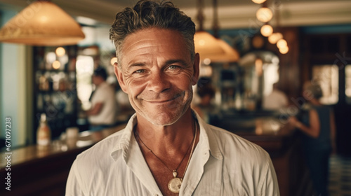 Fictitious happy caucasian foreign business owner in the Dominican Republic AI generative