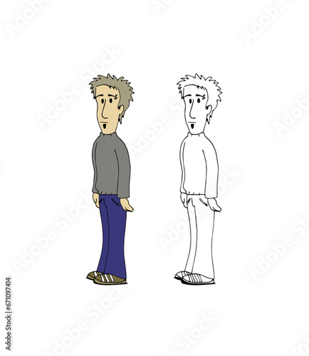 Cute man, male, young boy character standing wearing casual clothes with a piercing in his eyebrow. Colorful cartoon style vector illustration isolated on white background.