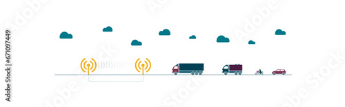 Wireless radar system traffic control. Vehicles, cars. Flat style colorful vector illustration on white background.