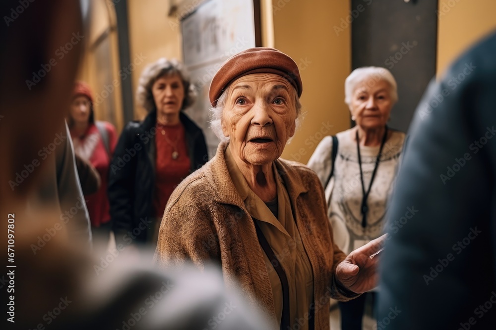shot of a tour guide giving her group of seniors a guided tour through a museum