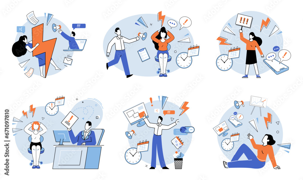 Fototapeta premium Stress at work vector illustration. Worries and professional challenges can contribute to feelings sadness and stress A stressed worker may experience range negative emotions, including frustration