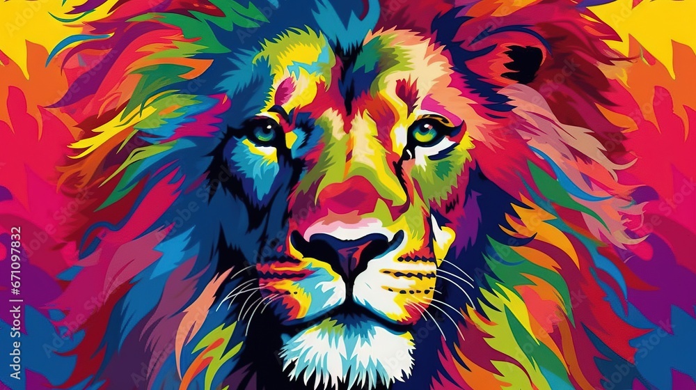  a colorful lion is shown in this colorful picture of a lion.  generative ai